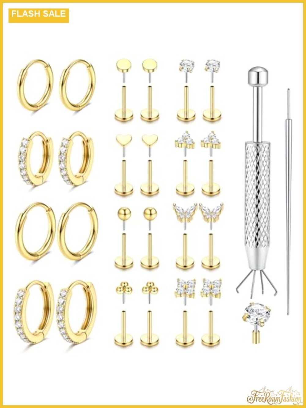 Flat Back Earrings for Women, Threadless Nose Studs, Surgical Steel, 14K Gold